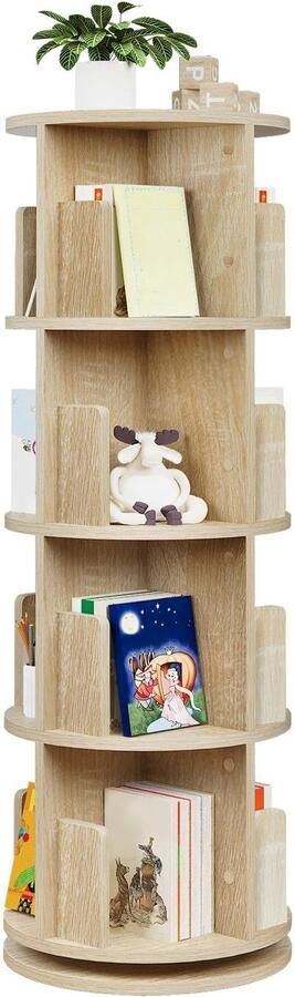 Boekenkasten 4-Tier Roterende Boekenplank met 16 Compartimenten voor Woonkamer Kantoor Kinderkamer Organizer en Decoratie 44 x 127 4 cm (φ x H) Licht Eiken