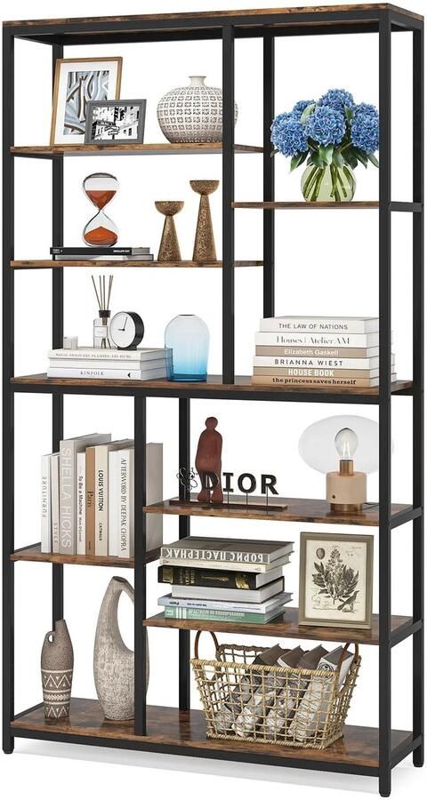 Boekenkasten Boekenplanken Boekenkasten Hout – 9-Tier Vrijstaand Wandrek met Metaalen Frame – Planken voor Boeken Dossiers Decoratie – Geschikt voor Woonkamer Slaapkamer Kantoor – 30.5 x 101.5 x 200 Bruin