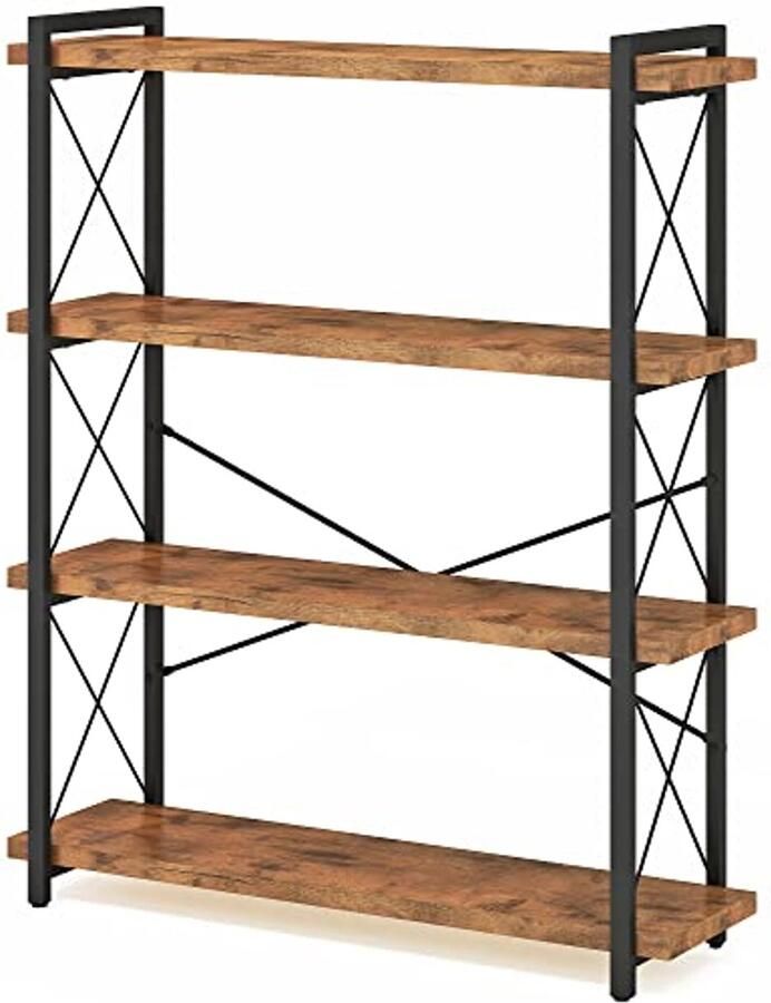 Boekenplank 4 niveaus Open houten en metalen boekenkast voor woonkamer thuiskantoor en hal