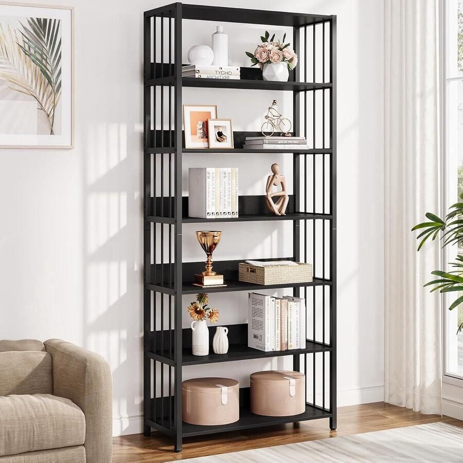 Boekenplank 6-Tier Etagere Boekenkast 80 x 30 x 190 cm Industriële Hoge Boekenplanken Display Plank voor Woonkamer Slaapkamer Zwar
