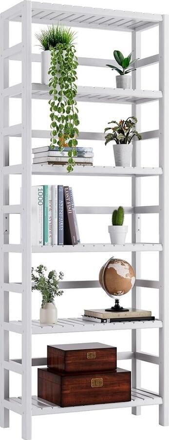 Boekenplank Bamboe Boekenkast met 6 Verstelbare Planken Grote Vrijstaande Keuken Opbergrek Plant Display Stand Wit