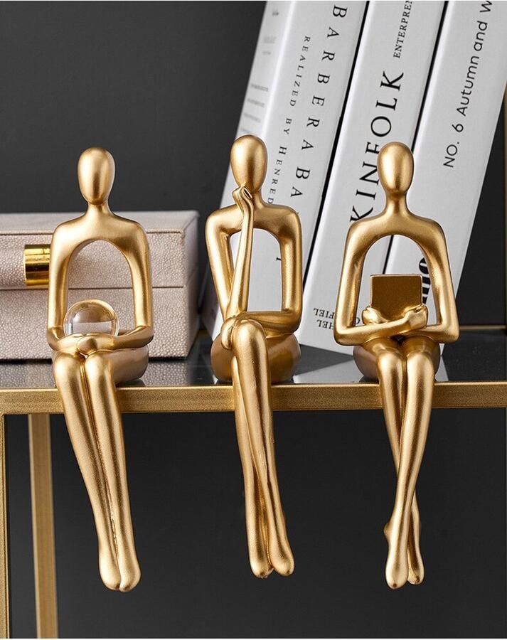Boekenplank Menselijke Gouden Beeldjes 3 Stuks Woonkamer Kast Bureau Kantoor Huis Decoratie Accessoires Abstracte Hars Standbeeld Gouden Miniaturen Moderne Sculptuur