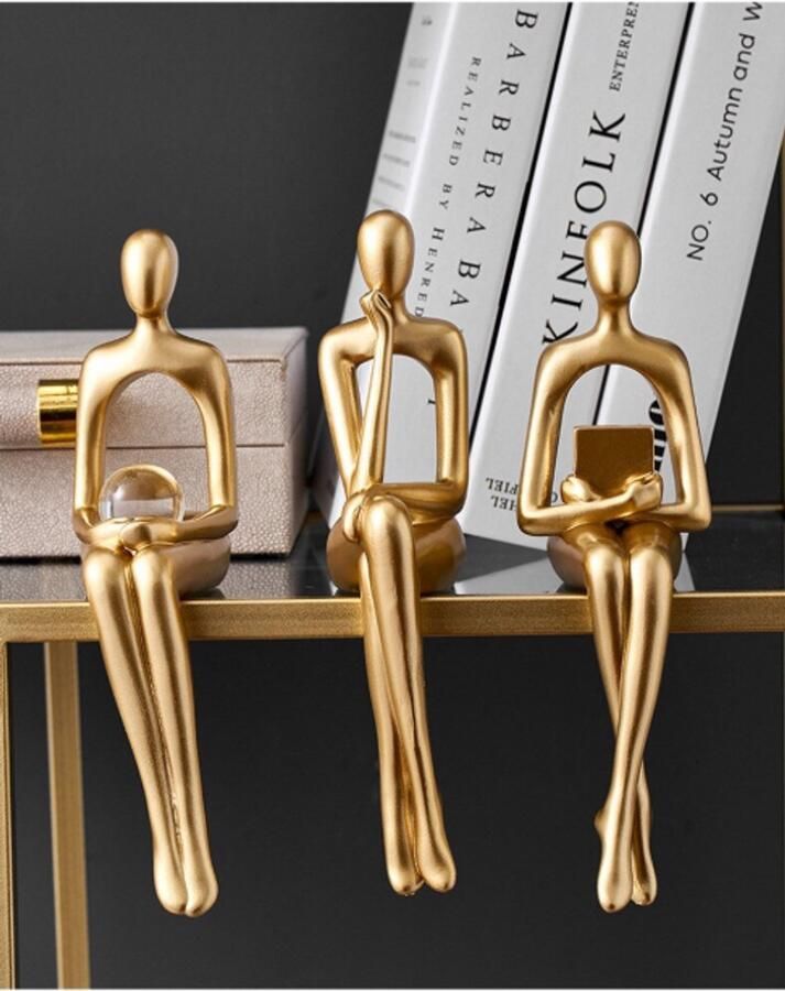 Boekenplank Menselijke Gouden Beeldjes 3 Stuks Woonkamer Kast Bureau Kantoor Huis Decoratie Accessoires Abstracte Hars Standbeeld Gouden Miniaturen Moderne Sculptuur
