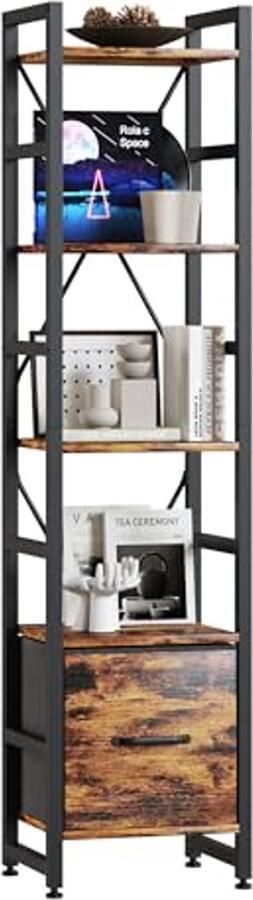Boekenplank met 5 niveaus Industrieële hoge smalle boekenkast met stoffen lade Perfect voor woonkamer slaapkamer en thuiskantoor