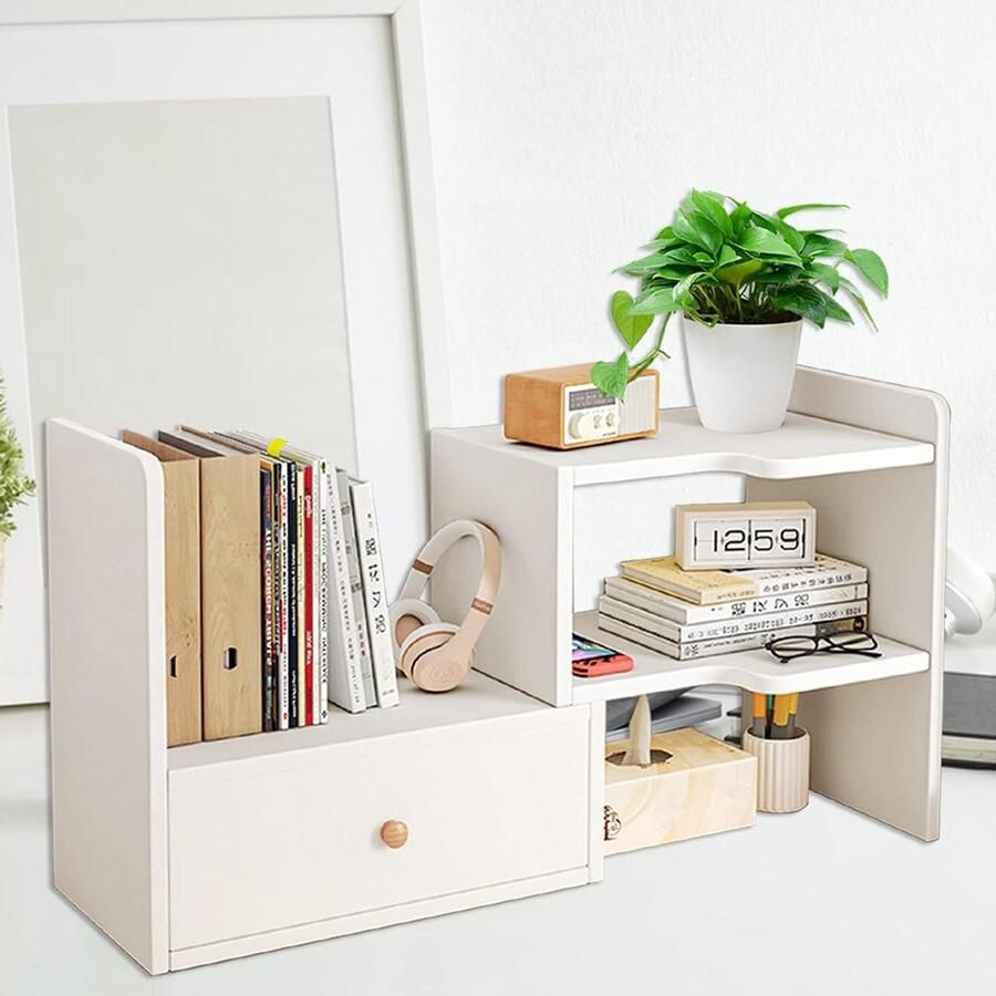 Houten boekenrek bureauorganizer met lade voor slaapkamer en kantoor wit