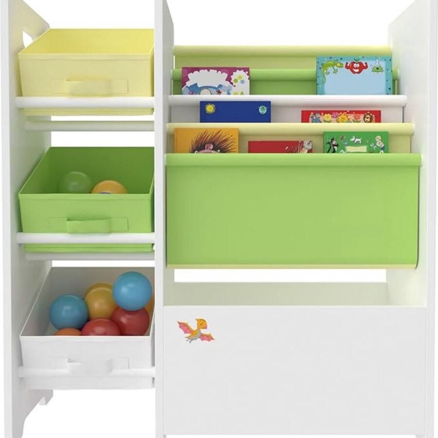 Boekenrek Kind Boekenkast met 4 Opbergvakken 3 Inklapbare Dozen Speelgoedkast Dinosaurus 60x65x30 cm Groen Geel