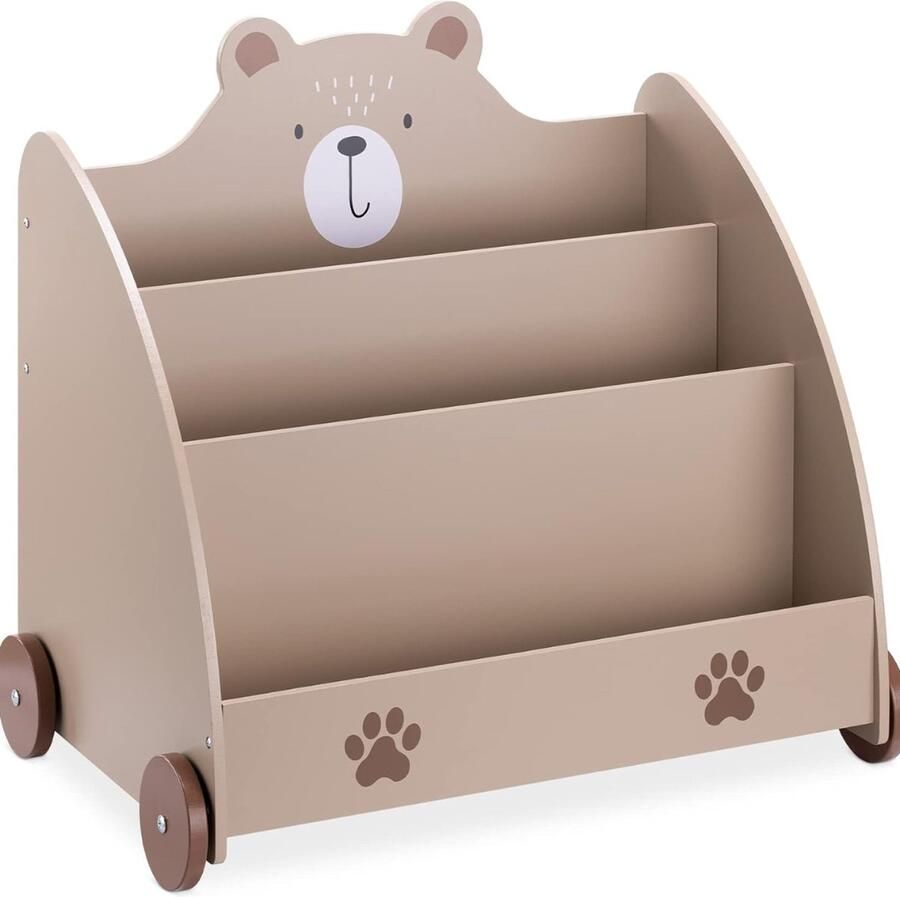 Boekenrek Kind Kinderboekenkast op Wielen Houten Boekenkast met 3 Vakken Montessori Speelgoed Boekorganizer 60 x 58 x 40 cm Bruine Beer