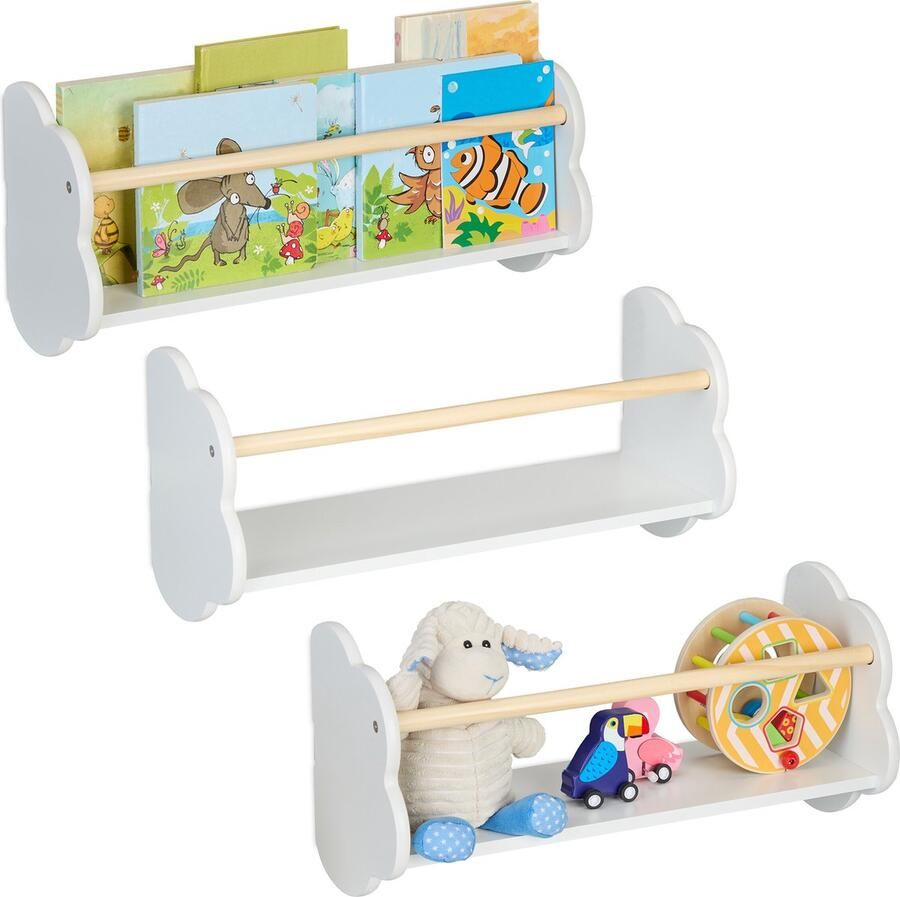 Relaxdays boekenrek kind wolk 3 boekenplanken 50 cm wandplank kinderkamer