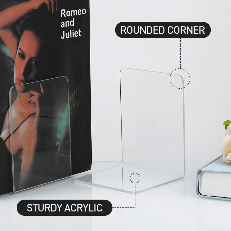 Boekensteun 4 paar acryl transparante L-vormige boekensteunen boekenhouder voor bibliotheek kantoor desktoporganizer decoratie 10 x 10 x 13 cm