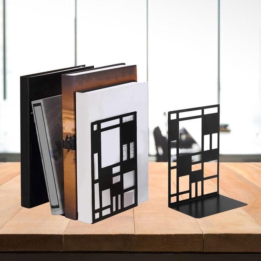 Boekensteun metalen boekuiteinden antislip geen roest abstracte rasterontwerpen voor thuis kantoor bibliotheek zwart 1