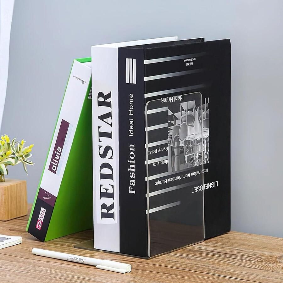 Boekensteun van 4 transparante acryl boekensteunen voor bureauorganisatie School Thuis Kantoor Bibliotheek Slaapkamer