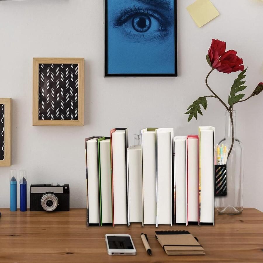 Boekensteun Verstelbare Metalen Boekensteunen met Penhouder Uittrekbare Boekhouder voor Thuis Kantoor School Bureau Boeken Organizer (Wit)