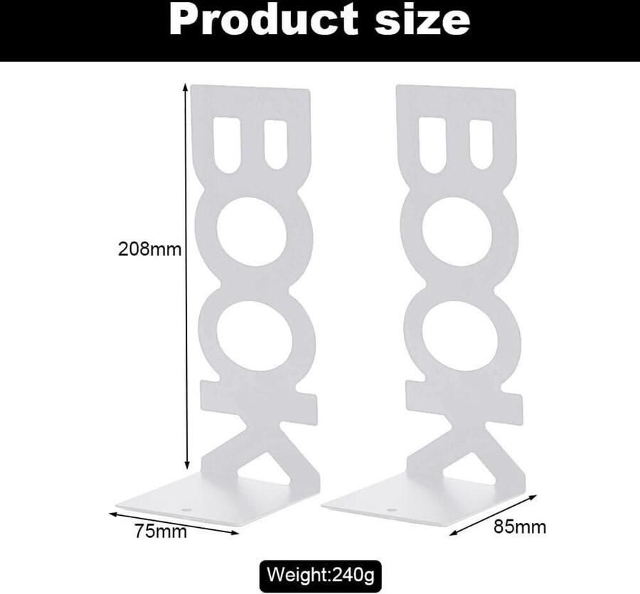 Boekensteun wit met letterpatroon van metaal voor bureau en kantoor Boekenhouder voor boeken dvd's en tijdschriften