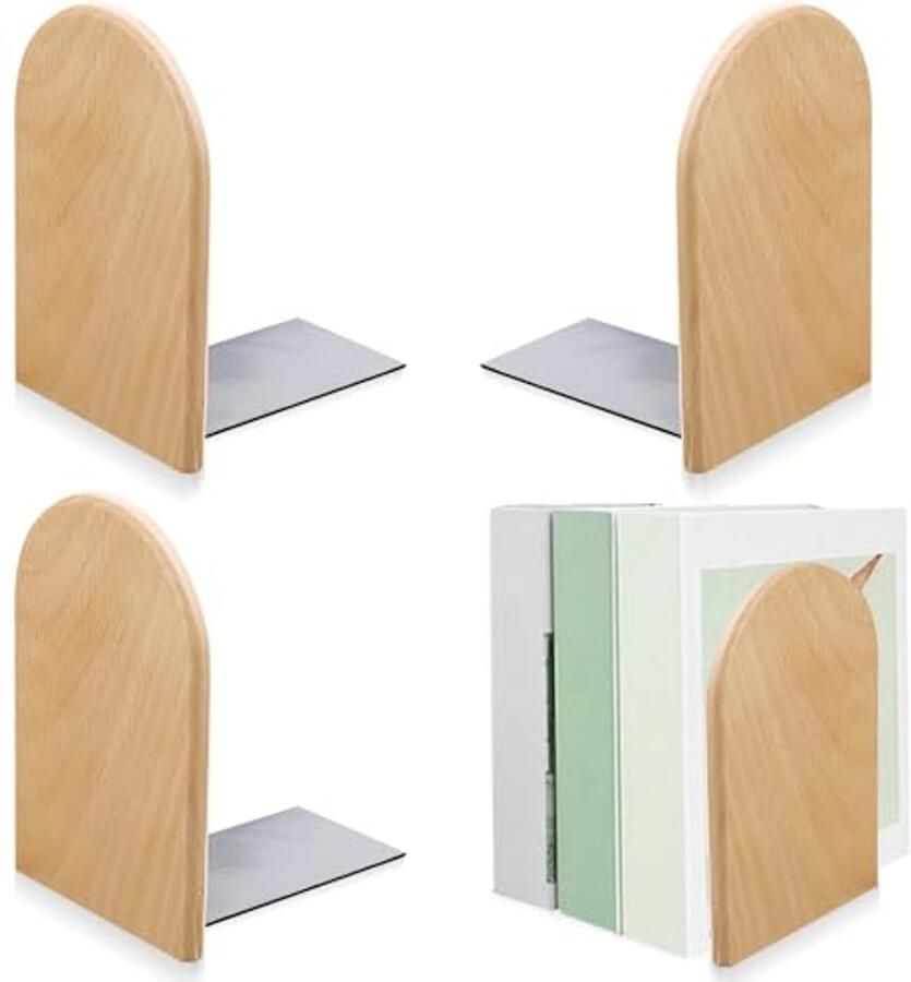 Boekensteunen met Ronde Kop van Beukenhout 4 Stuks Antislip Afneembaar & Voor Thuis Kantoor Bibliotheek
