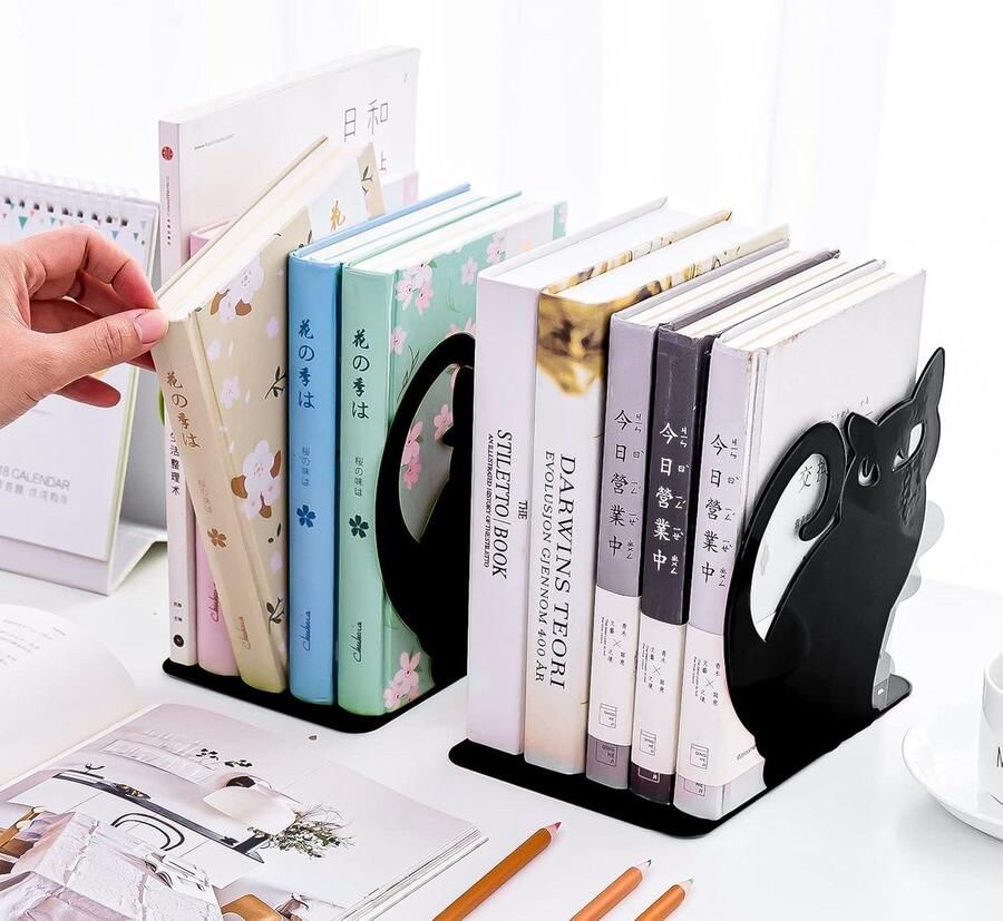 Boekensteunen metaal kat Antislip boekenstandaard zwart Boekenhouder voor boeken dvd's Voor plank kantoor bibliotheek huis en school boeksteun