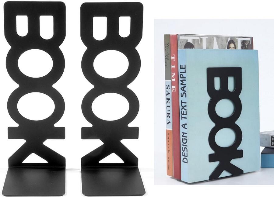 Boekensteunen set van 2 Metalen letterpatroon antislip Breed gebruik Kunstdecoratie Bureau kantoor boekenplank Boeken dvd's tijdschriften Vaste bureau-boekenorganizer 2 stuks 21x7.5x8.5cm zwart