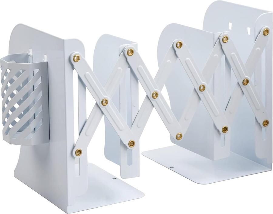 Boekensteunen uitbreidbare metalen boekensteunen met penhouder uittrekbare boekenhouder boekenstandaard voor thuis kantoor school bureau boeken organizer (wit)
