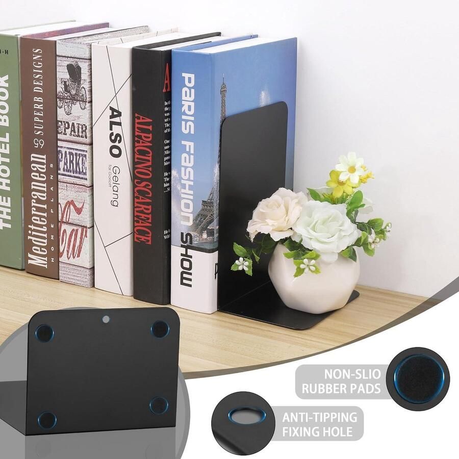 Boekensteunen van metaal 2 paar (4 stuks) 205 x 135 x 10 cm mat zwart antislip design voor school thuis kantoor bibliotheek boekenhouder