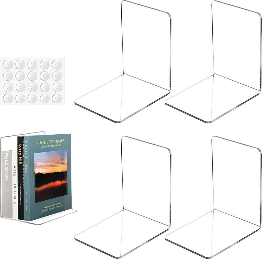 Boekensteunen van transparant acryl: 4 stuks acrylboekensteunen met 20 antislipstickers boekenhouder boekensteunen boekenstandaard transparante tafelstandaard voor slaapkamer bibliotheek