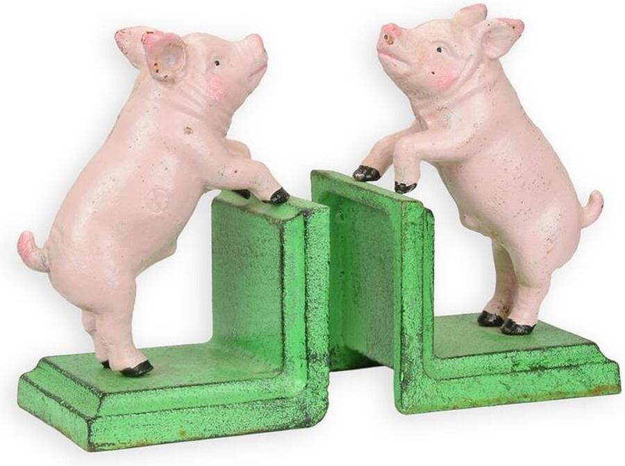 Boekensteunen Varkens – Gietijzer – Set van 2 zware decoratieve bookends – Landelijk antiek groen – Stevige L-vormige basis – Voor boekenkast bureau & woonkamer – Leuk cadeau voor boeken- en dierenliefhebbers
