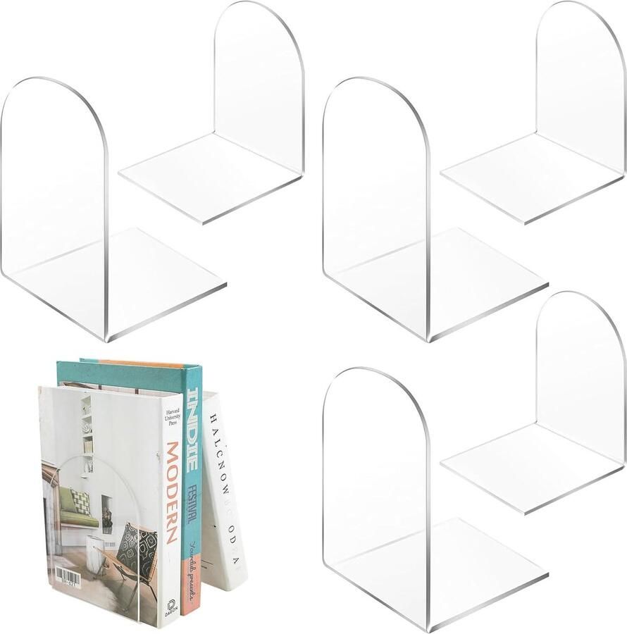 Boekensteunen verpakking van 6 boekensteunen van acryl transparante boekensteunen van het type L geschikt om te leren lezen schoolbibliotheek voor kinderen en opbergruimte op het bureau voor thuiskantoor (transparant)