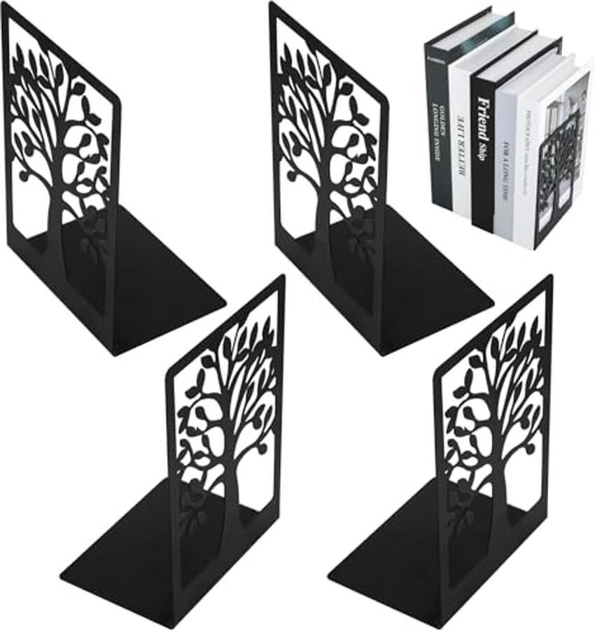 Boekensteunen voor Boekenkasten Zwarte Metaal met Antislip Voeten voor Boeken Bestanden en Media Set van 4