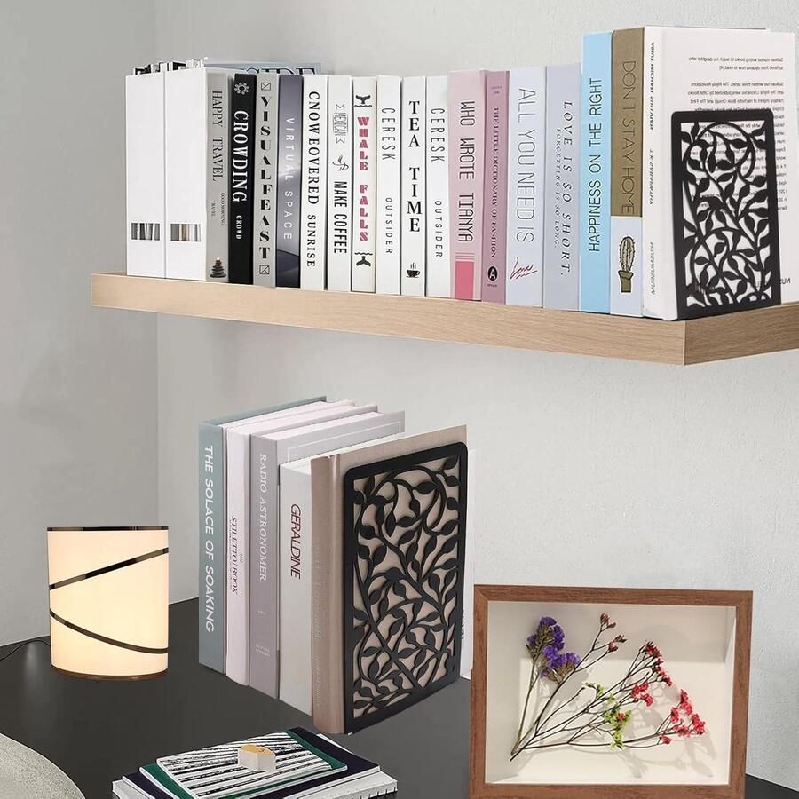 Boekensteunen voor planken Metalen boeksteunen Antislip basis Zwart Ideaal voor bibliotheek kantoor huis school 1 paar (Zwarte bloem) boekensteun