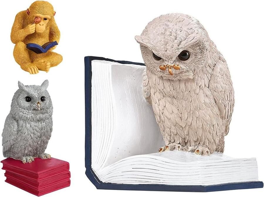 Boeksteun B-Uhu-ch decoratieve 3D uil boekenstopper groot grijs blauw wit book ends