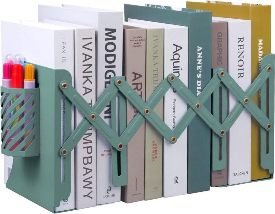 Boeksteunen verstelbaar uitbreidbaar metaal intrekbaar boekenstandaard tijdschriftenmap antislip boekenhouder met afneembare penhouder voor keuken kantoor school bibliotheek (groen)