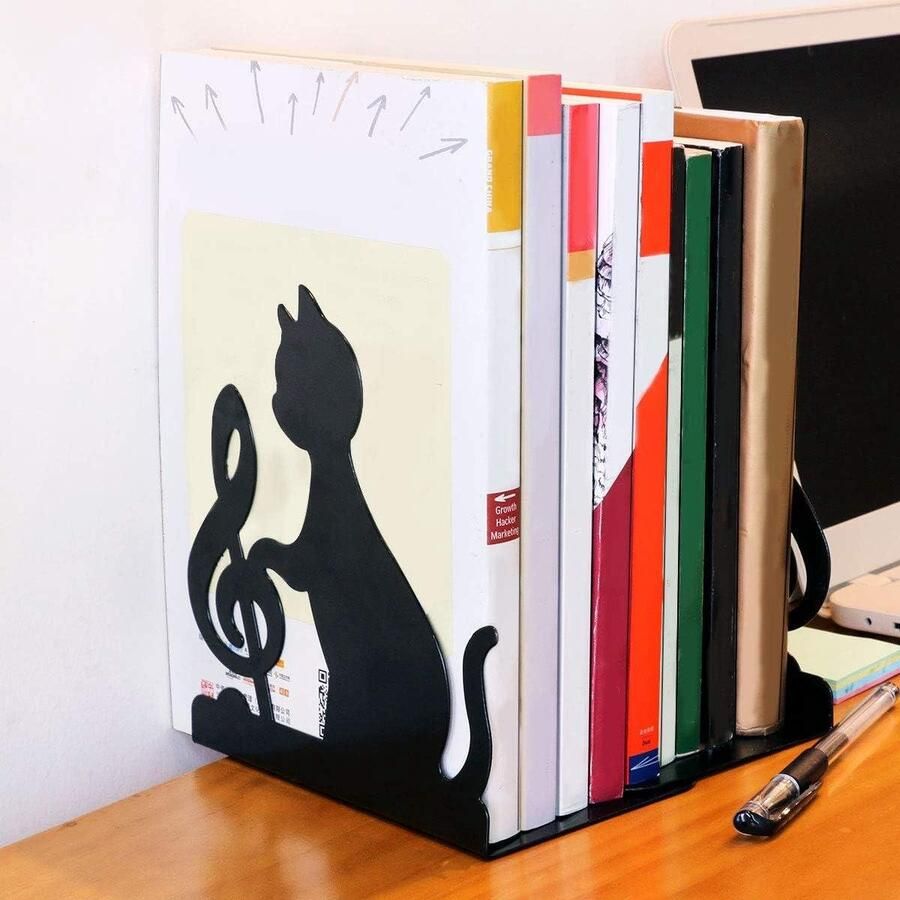 Boekuiteinden 1 paar Heavy Duty zwart metalen boekensteunen Mode Kat Muzieknoot Ontwerp Antislip Duurzaam Stevige boeken Organizer slaapkamer Bibliotheek- Kantoor boeksteun
