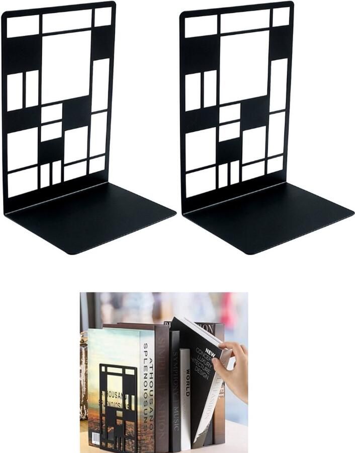 Boekuiteinden metalen boekensteunen voor planken antislip geen roestend boekuiteinde unieke abstracte rasterontwerpen voor thuis kantoor bibliotheek Thuiskantoor accessoire zwart 1 paar