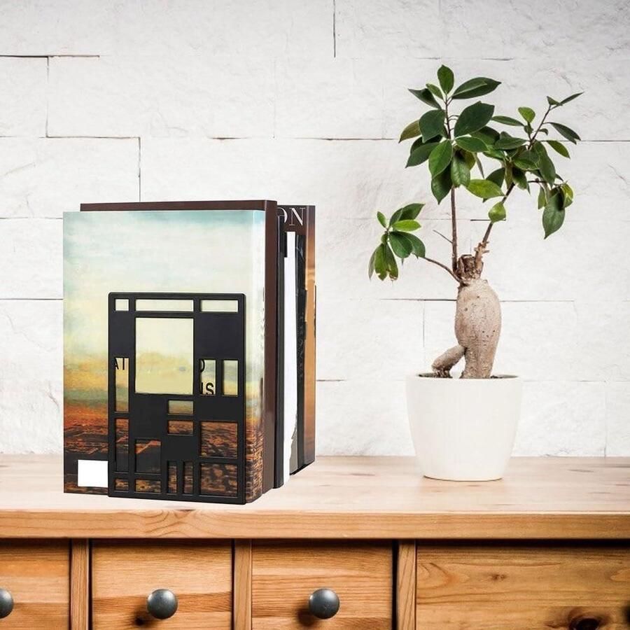 Boekuiteinden Metalen boekensteunen voor planken Antislip Unieke abstracte rasterontwerpen Boekstopper voor thuis kantoor bibliotheek Zwart 1 boekensteun