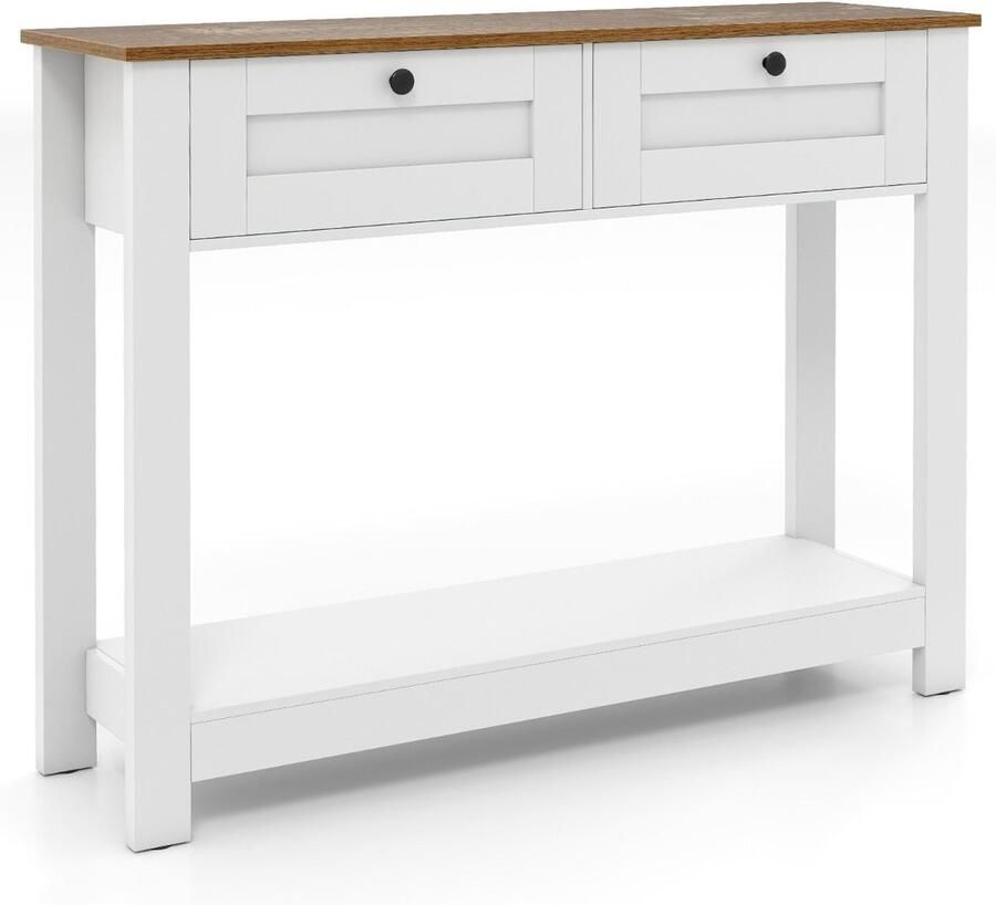 “Boerderij Consoletafel 42 inch – Smalle Entreetafel met 2 Lades Open Opbergplank en Anti-Kantelset Wit”