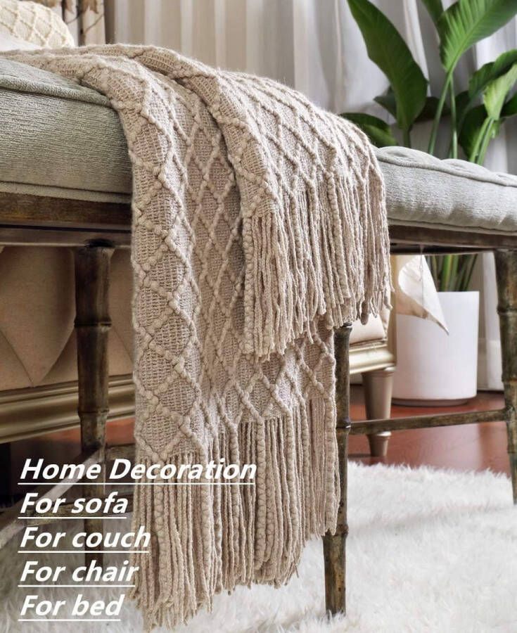 Boerderij Gebreide Deken voor Bank Sofa Stoel Bed Huisdecoratie Zacht Warm Gezellig Lichtgewicht voor Lente Zomer (50 x 60 inch Beige Khaki) - Foto 2