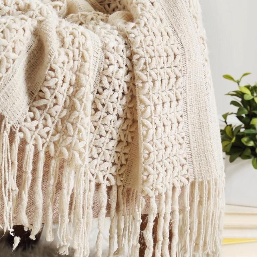 Boerderij stijl gebreide deken voor bank sofa stoel bed woondecoratie zacht warm gezellig lichtgewicht 127 x 152 cm beige ivoor