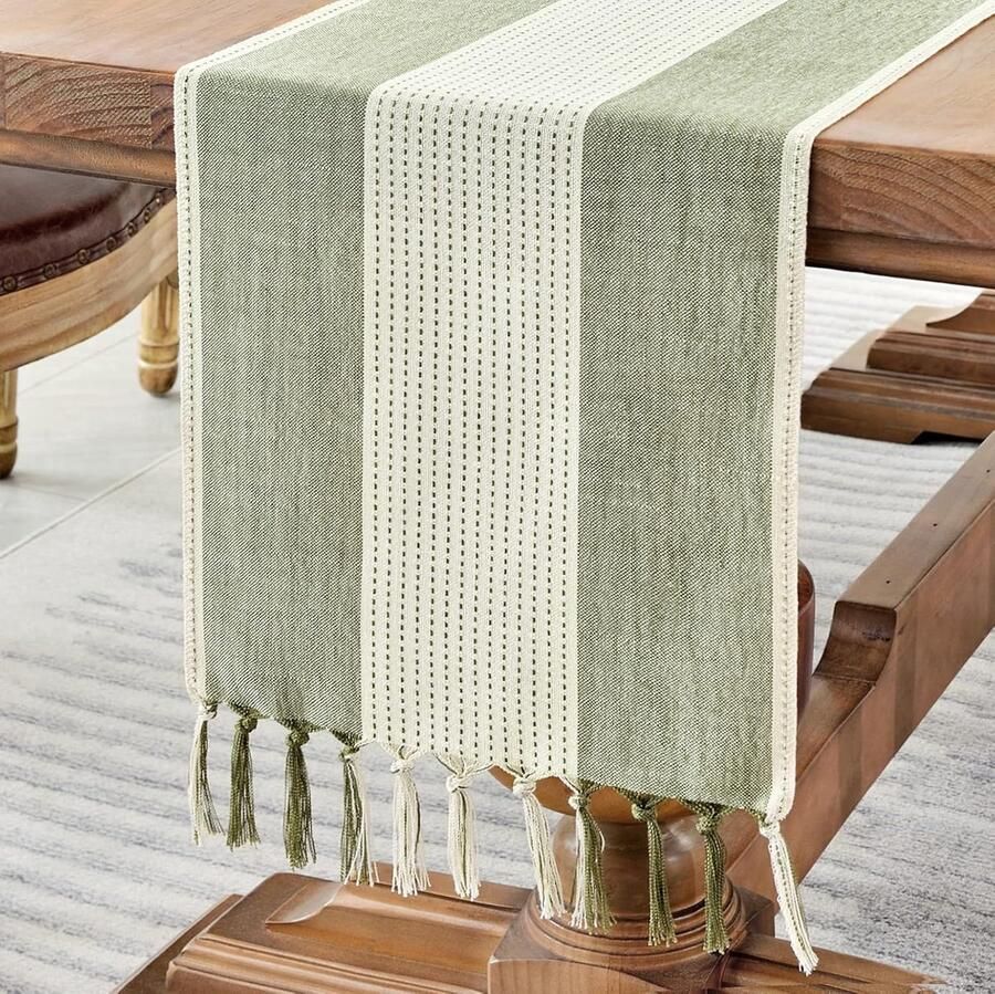 Macrame Tafelloper Boerderij Stijl 1 stuk Saliegroen Katoenlinnen 90 cm
