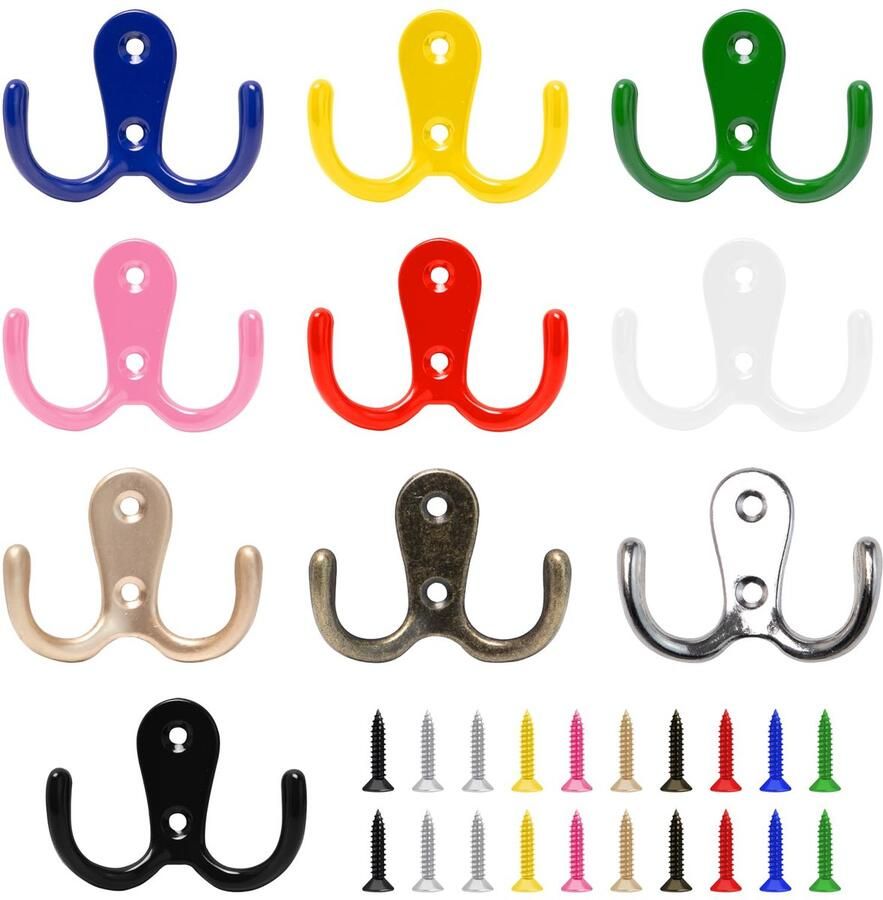 Bofanze 10 stuks kleurrijke haken kleurrijke kapstokhaken wandhaken vintage dubbele haken om vast te schroeven kleine metalen kapstokhaken dubbel voor kapstokhaken badkamer keuken slaapkamer