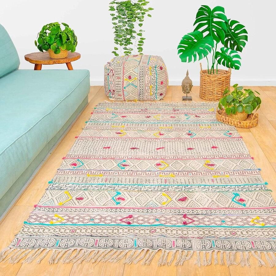 Boheems decor katoenen vloerkleed 120 x 180 cm met handborduurwerk en franjes Boho chic tapijt decoratief tribal stuk voor woonkamer slaapkamer Mandala Life ART vloerkleed