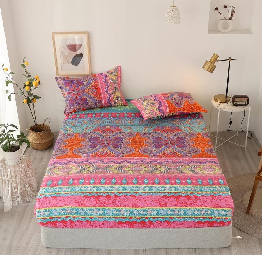 Boheems hoeslaken 120 x 200 cm hoeslaken met Indiaas mandalapatroon zacht microvezel boxspringlaken geschikt voor matrassen van 30 cm