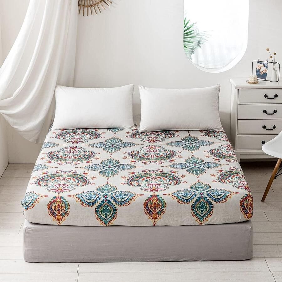 Boheems Hoeslaken 90 x 200 cm Indiaas Mandala Design Zachte Microvezel Geschikt voor Matrassen van 30 cm matrasovertrek