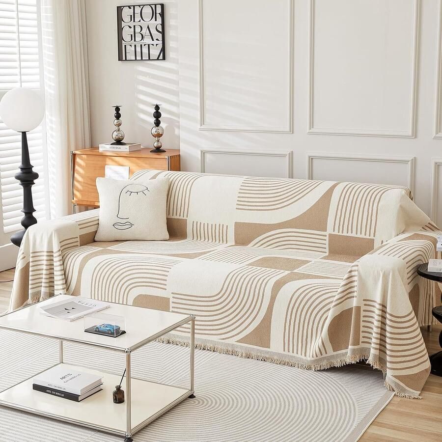 Boheemse bankhoes wasbaar chenille bankhoes voor 3-kussensbank huisdiervriendelijk bohemian bankhoes tweezitsbank 2 3 4-zits (71 x 102 kaki)