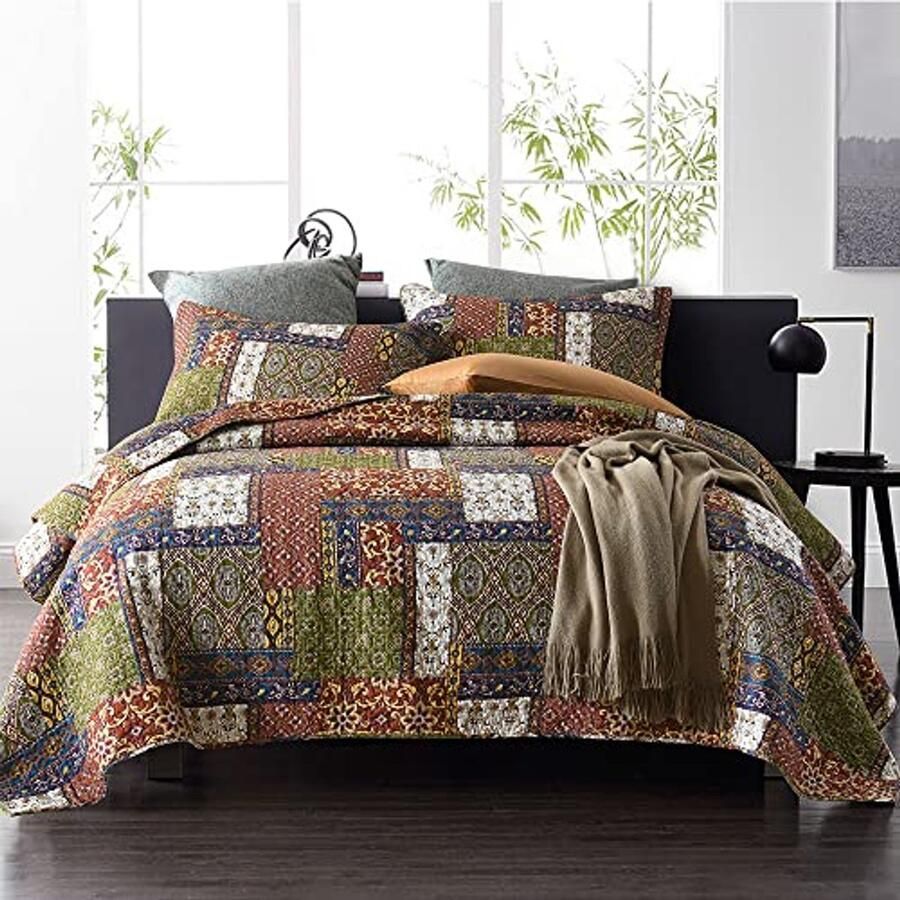 Sprei 240 x 260 cm van Katoen met 2 Kussenslopen en Bloemenprint Boho Stijl voor Tweepersoonsbed