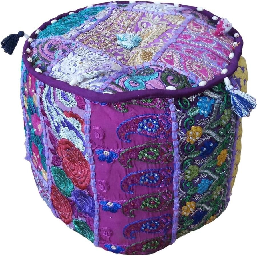 Boheemse Indiase Ottomaanse Poef Stoel Paars Patchwork Interieur Decor Geborduurde Vloerkussen