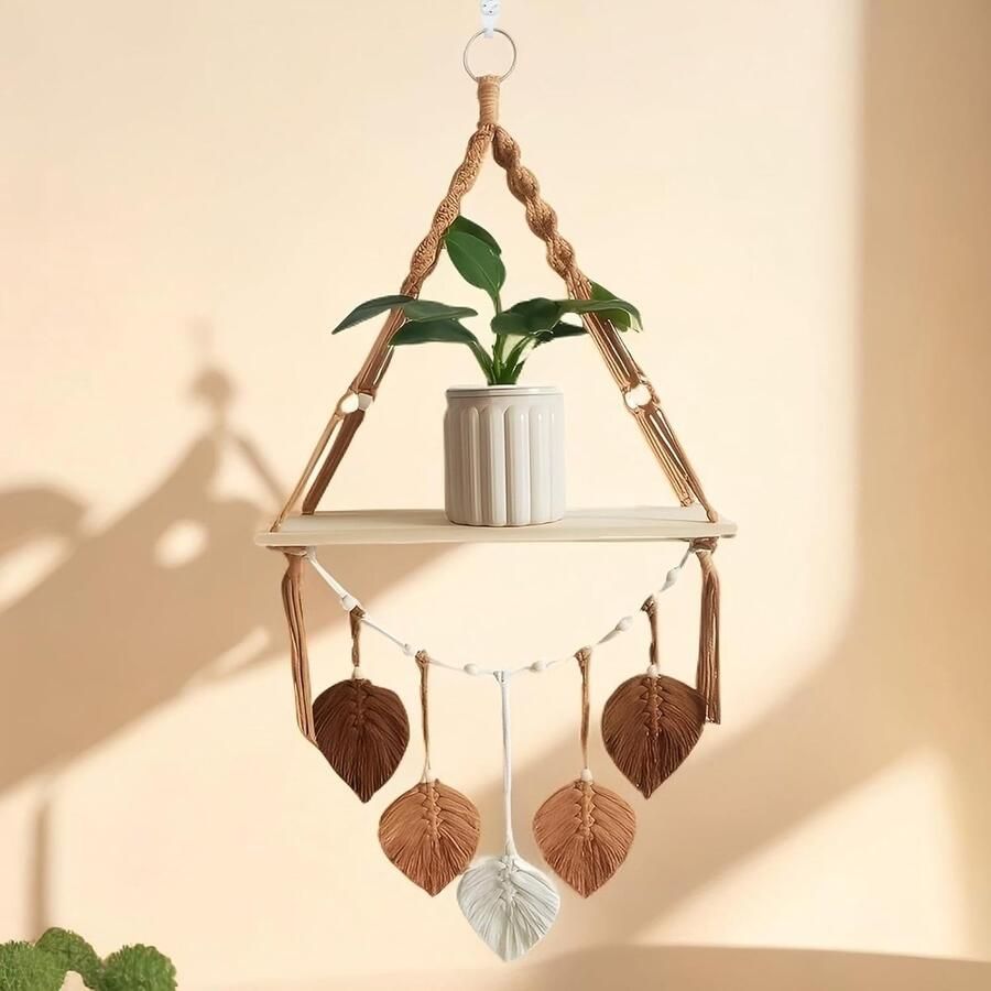 Boheemse Kanthouten Plank Wanddecoratie Met Geweven Bladeren Wandplank Wanddecoratie Voor Woonkamer Slaapkamer Badkamer En Gang (Bruin)