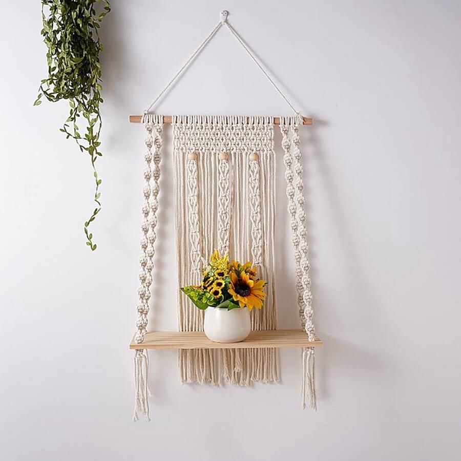 Boheemse macramé wandopknoping handgeweven met houten rek katoen