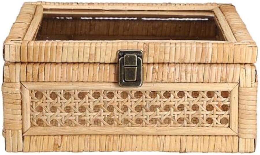 Boheemse opbergdoos met plexiglasdeksel rotan kist met slot decoratieve doos voor badkamer woonkamer keuken slaapkamer kasten winkelcentra tentoonstellingsplanken (M)