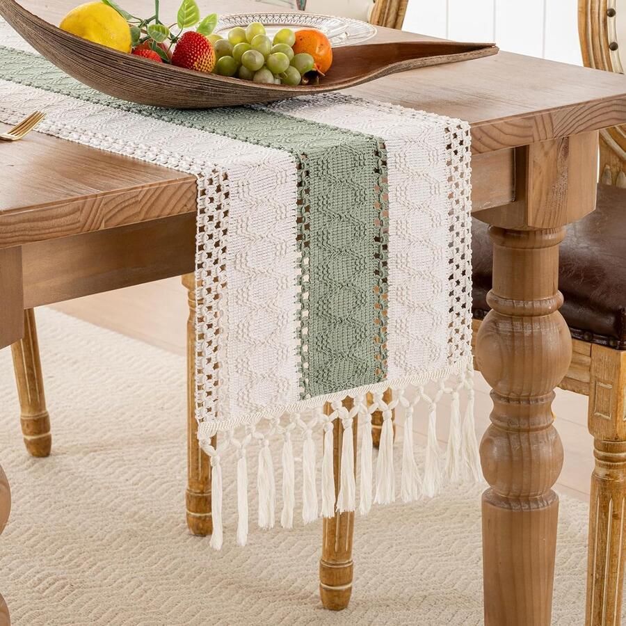 Moderne Tafelloper Boho Stijl 1 stuk Saliegroen Katoen Linnen 30 x 180 cm