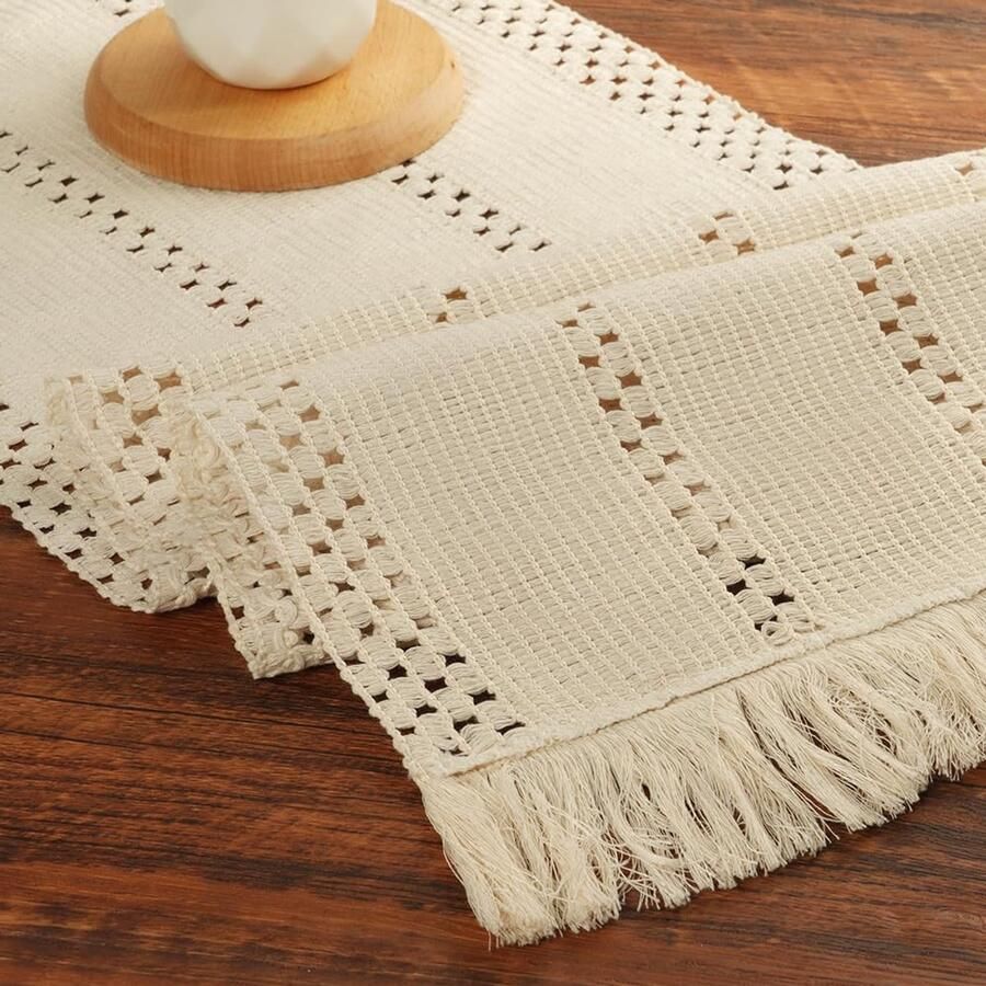 Boheemse tafelloper decoratief en functioneel 1 stuk beige polyester 33 x 183 cm