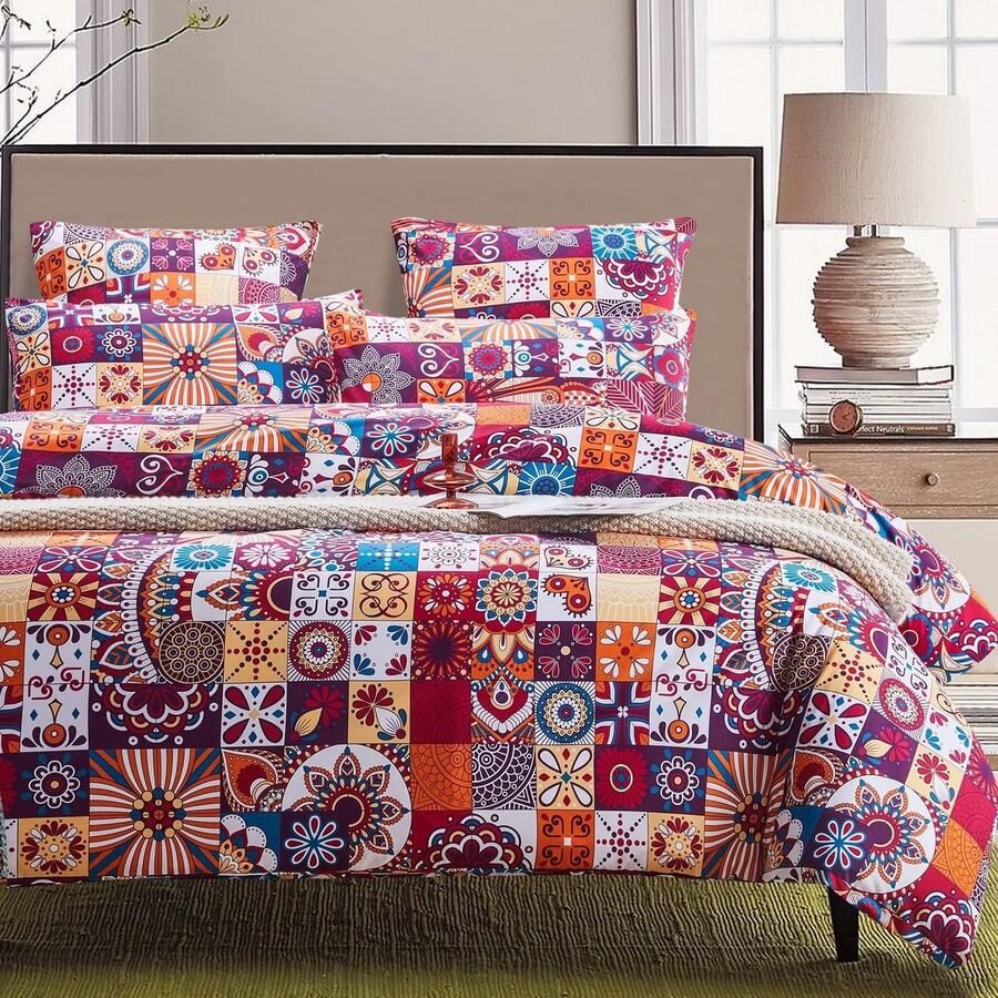 Bohemian beddengoed 220 x 240 cm boho Indiase mandala Boheems paars rood kleurrijk bloemen beddengoedset renforcé dekbedovertrek tweepersoonsbed met ritssluiting en kussensloop 80 x 80 cm