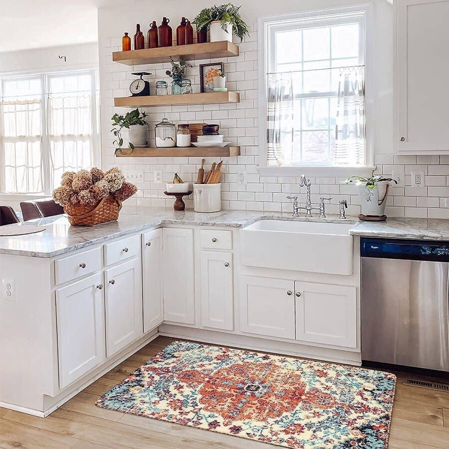 Bohemian Bloemen Medaillon Area Rug 90* 150 cm Oosterse Verontruste Zachte pluizige Slaapkamer Tapijt Vintage Faux Wol Entry Rug Antislip Wasbaar Laag--Pile Tapijt voor Badkamer Entree Woonkamer Wasruimte